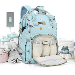 Diaper Bag Backpack Large Waterproof Baby Bag USB Stroller Straps Travel Blue